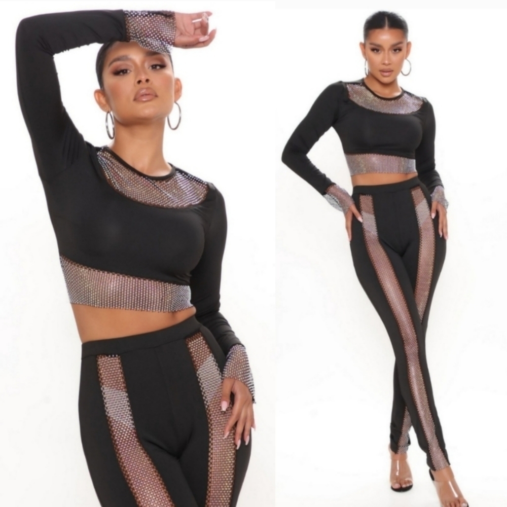 NWT On The Town Black Rhinestone Co-Ord Legging Set Size Medium